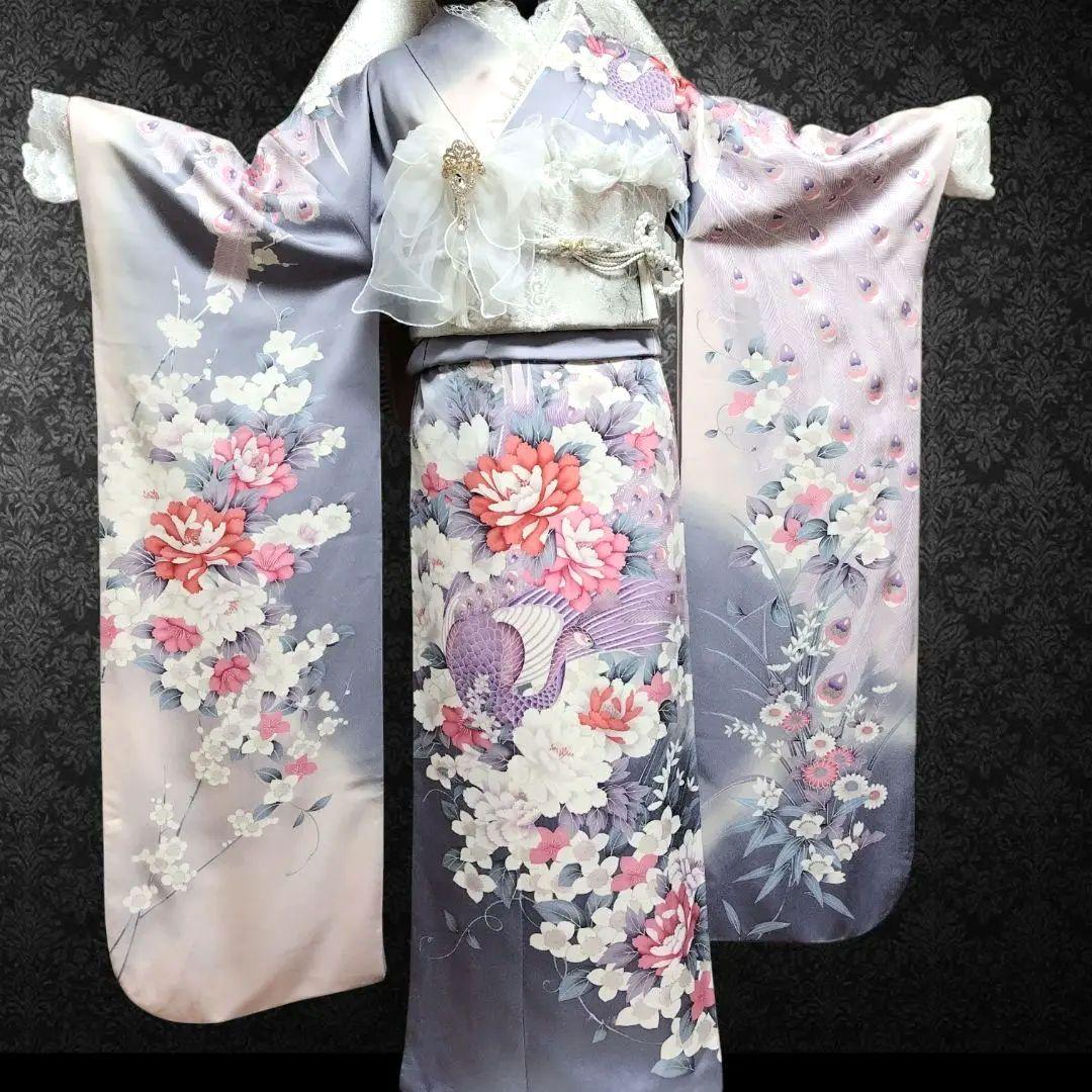 振袖フルセット(9点)・成人式・くすみ・グレー・ピンク・銀彩加工・胴裏正絹・逸品