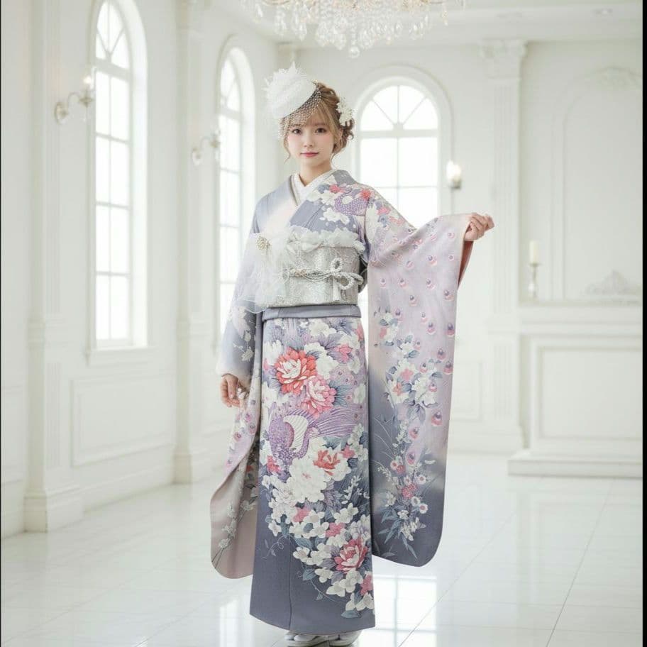 振袖フルセット(9点)・成人式・くすみ・グレー・ピンク・銀彩加工・胴裏正絹・逸品