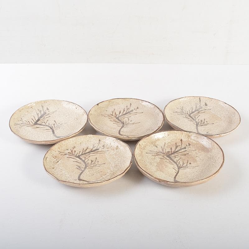 志野焼　絵志野　大橋秋二作　松文　手塩皿　小皿　五客　共箱　V　R7447