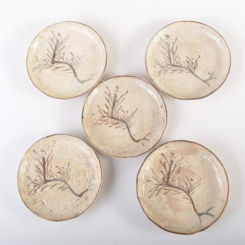 志野焼　絵志野　大橋秋二作　松文　手塩皿　小皿　五客　共箱　V　R7447