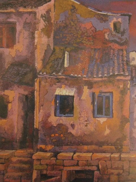 津田直樹、【同理の民家】、希少な額装用画集より、新品額装付