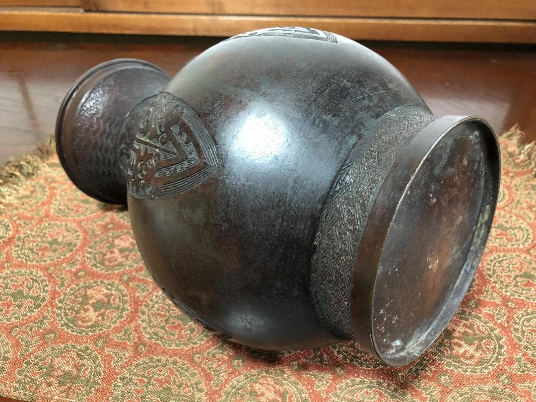 【 唐銅双耳壺 】 花入/花生 清朝初期 中国古玩