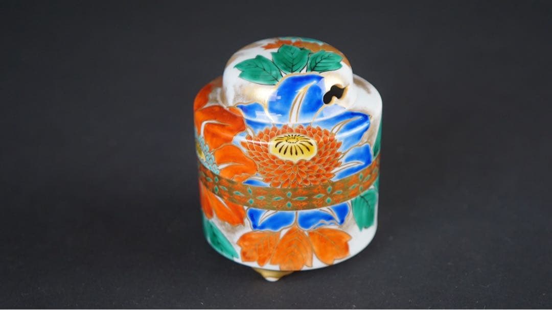 四代 上出喜山 九谷 極彩色鉄線文様 香炉 共箱 共布 保証品 茶道具
