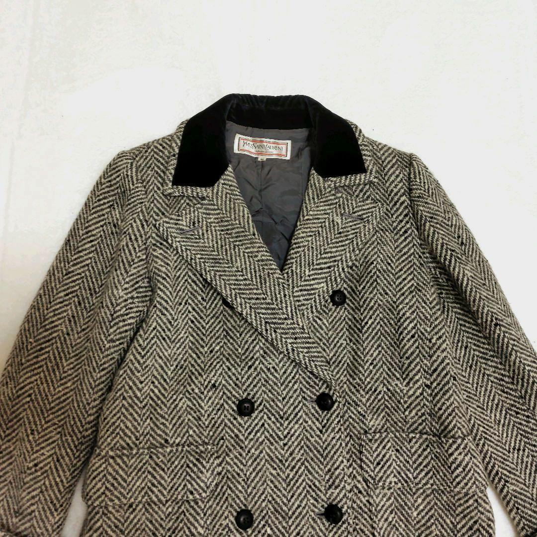 イヴサンローラン ダブルブレストコート ヘリンボーン ツイード ベロア切替