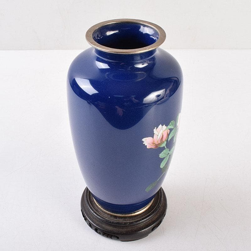 七宝焼　薔薇文　花瓶　唐木台付　時代箱　M　R9058