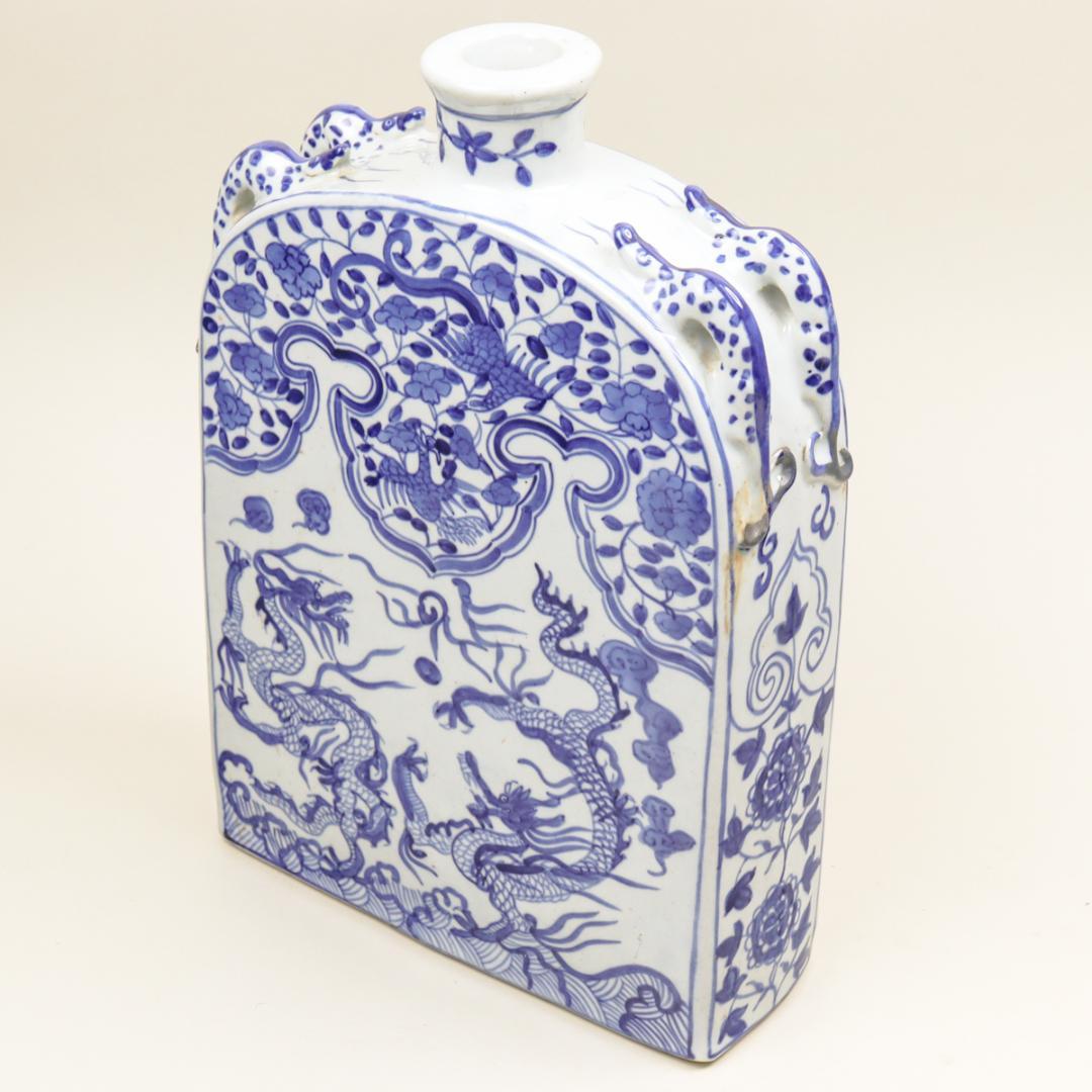 青花瓷 龍鳳凰紋双耳扁壺 飾り壺 花瓶