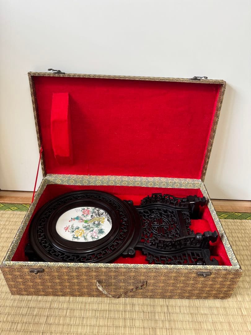 中国美術工芸品 木彫透かし屏風 花鳥図 高43cm 幅24cm 台座・箱付