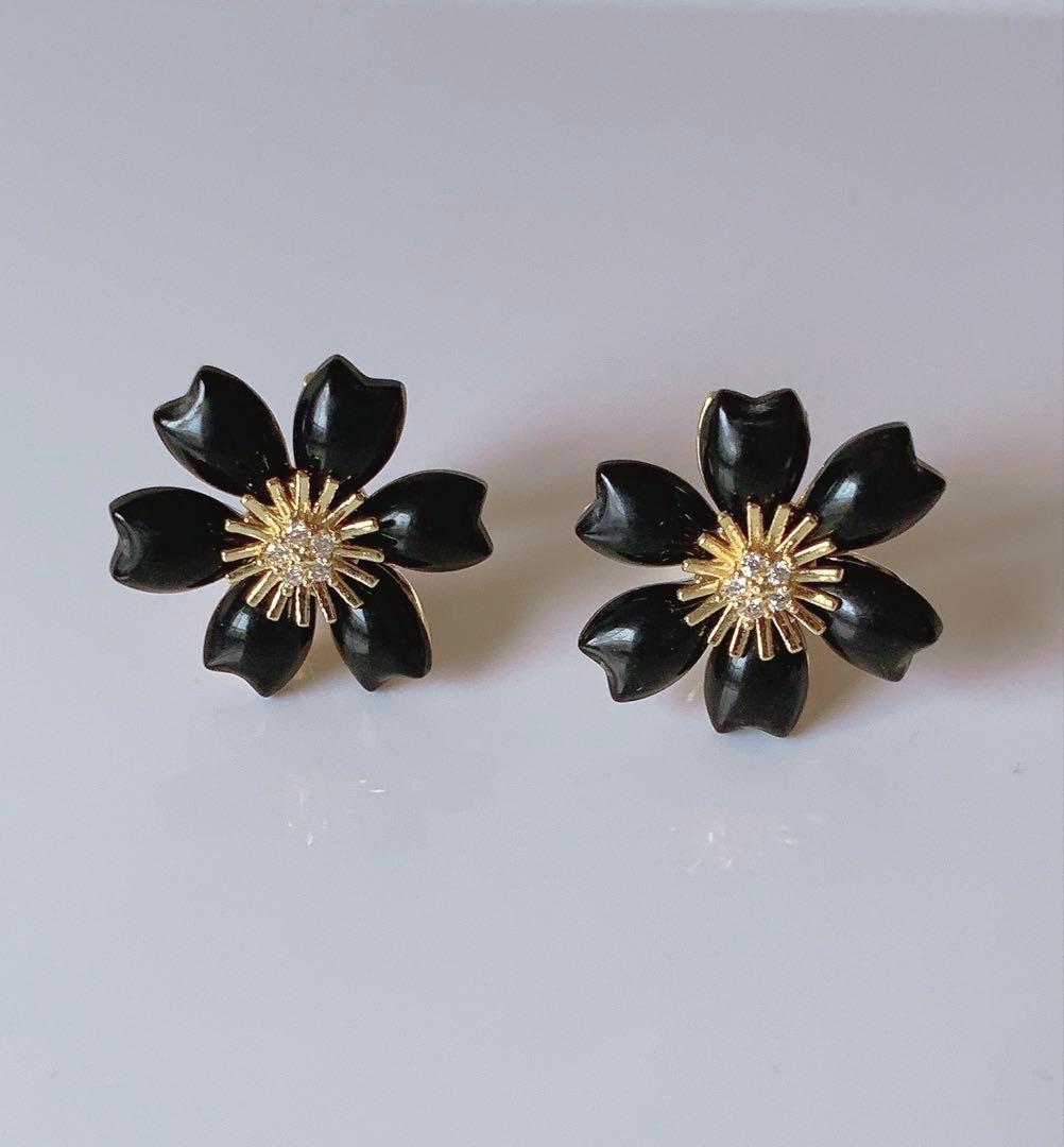 YG ブラックフラワー ダイヤ クリップピアス
