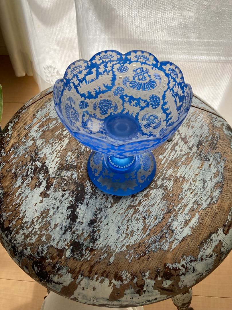 フランス　アンティーク　コンポート　グラビュール　ガラス