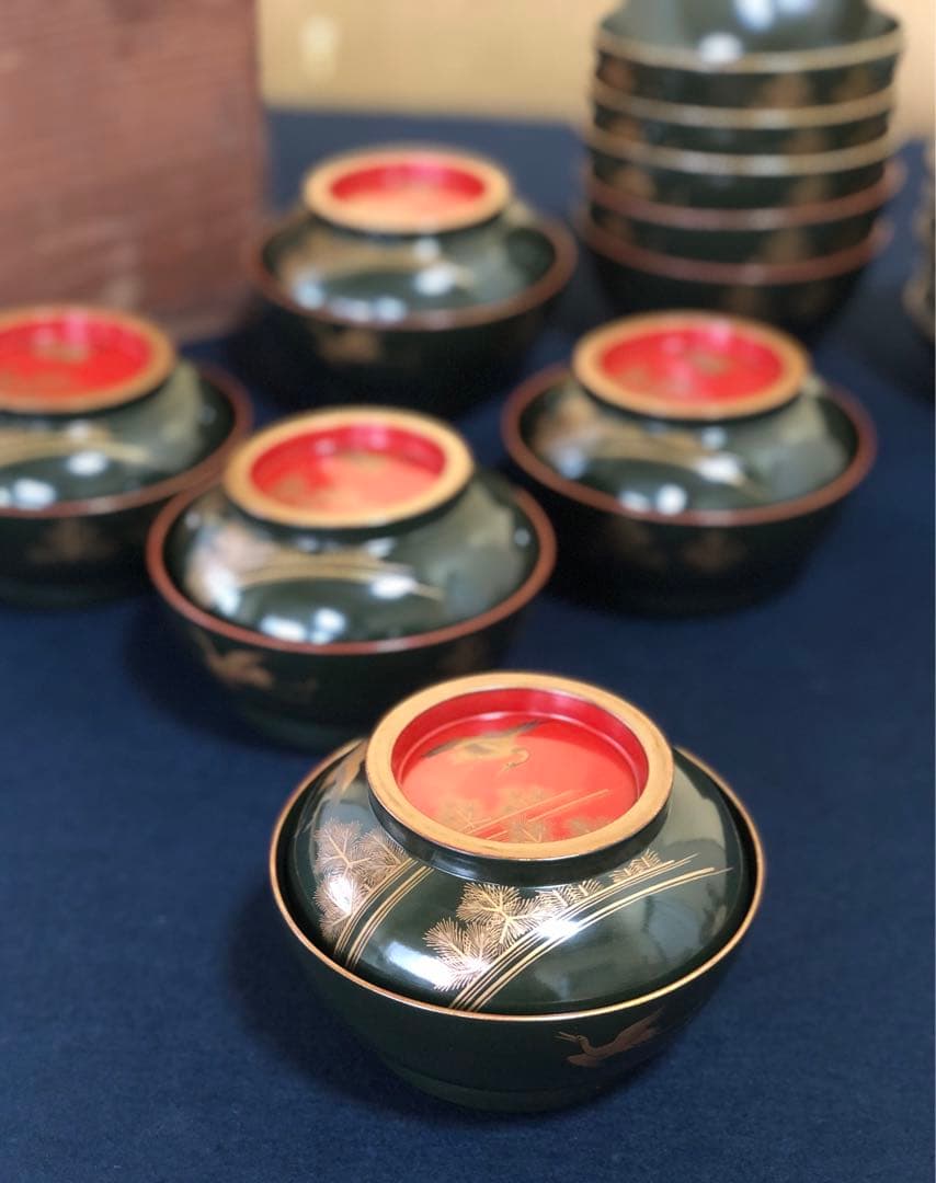 《R》青漆内朱 若松鶴蒔絵 菓子椀10客 木製漆器 木箱　250904H2