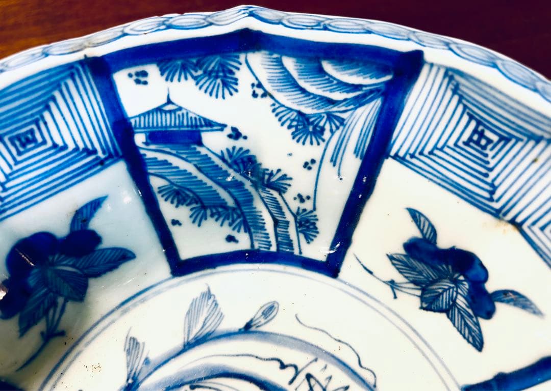 江戸期　古染付芙蓉手　間取山水　深鉢