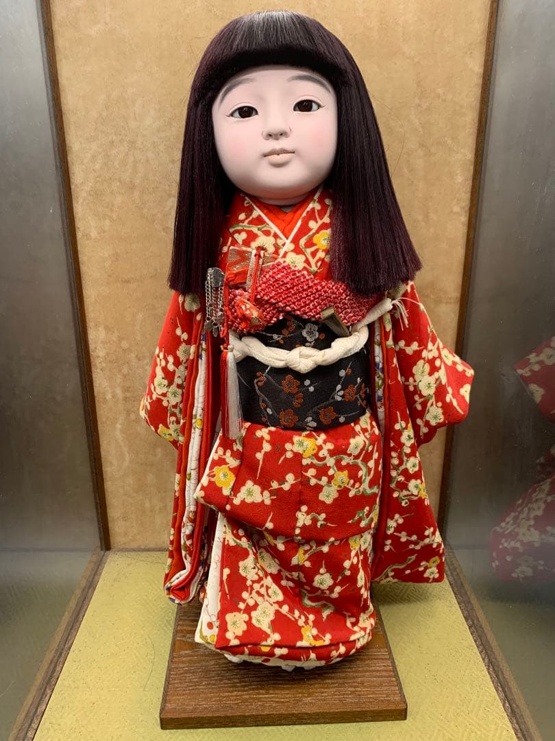 市松人形 赤色の着物 約42cmガラスケース入り約57cm