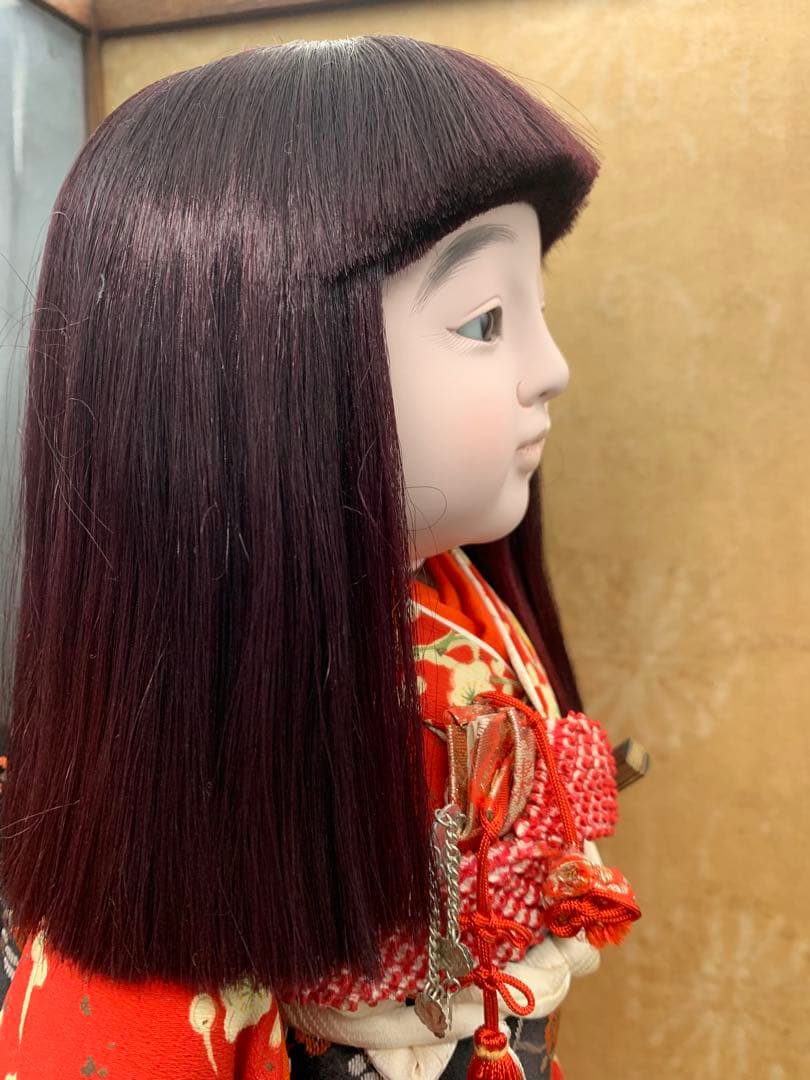 市松人形 赤色の着物 約42cmガラスケース入り約57cm