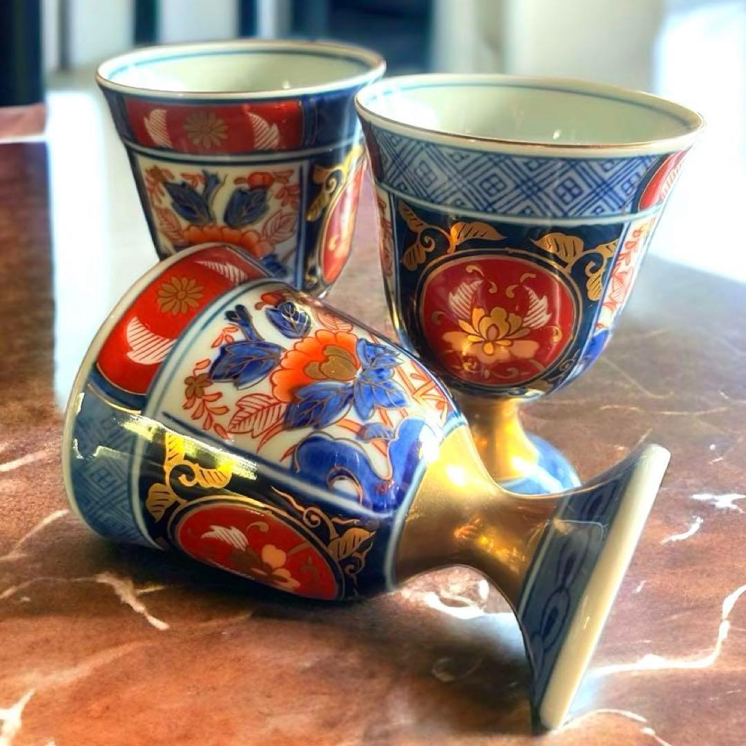 【美品】アンティーク 骨董⭐️古伊万里 猪口 色絵付け／3客 カラフル 花