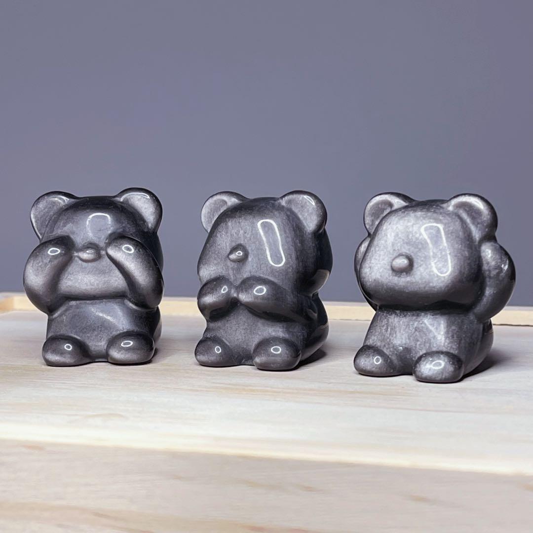 ★天然石★高品質シルバーオブシディアン♡三猿風くまさんセット♡置物♡プレゼント