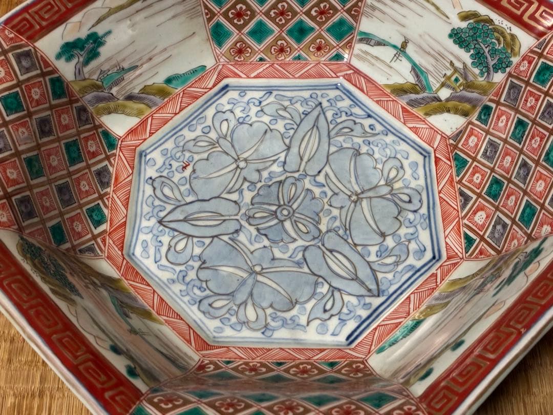 古伊万里 色絵 金彩 風景紋 八角鉢 盛鉢 時代物
