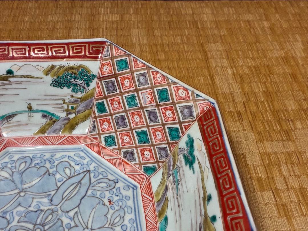 古伊万里 色絵 金彩 風景紋 八角鉢 盛鉢 時代物