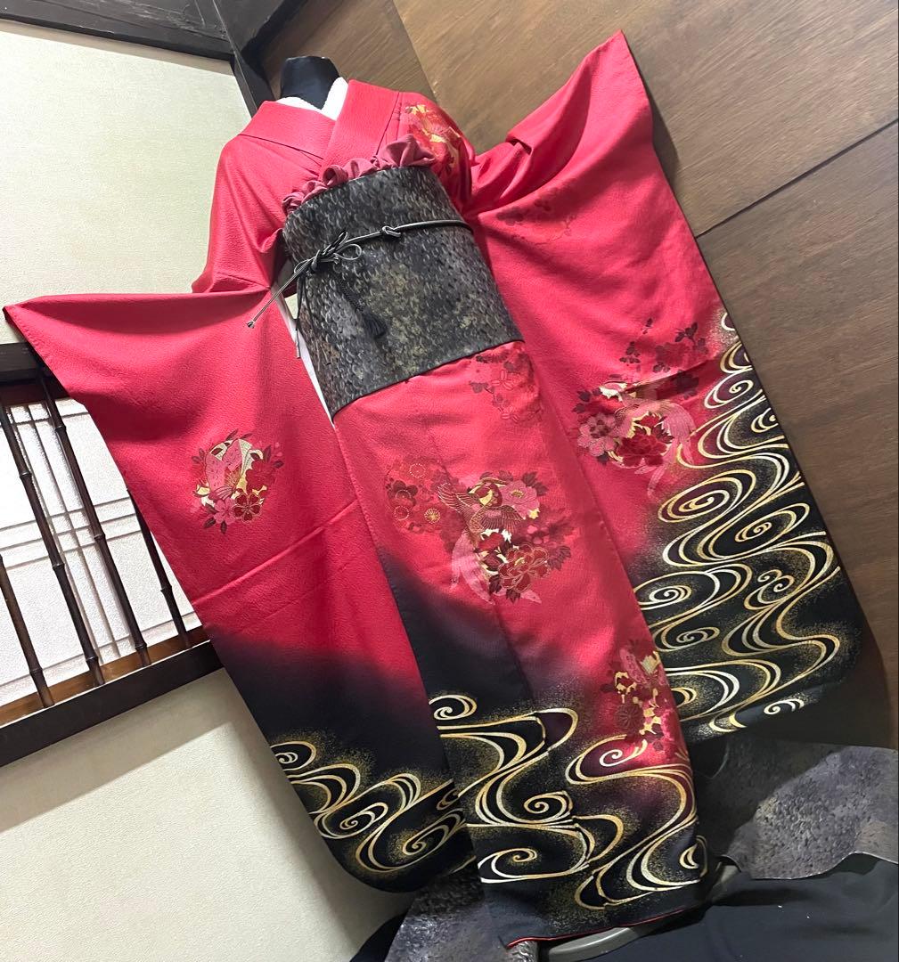 振袖フルセット6点サイズM〜Ｌ鳳凰花蝶丸文　暈し染め　金銀彩　金糸　正絹