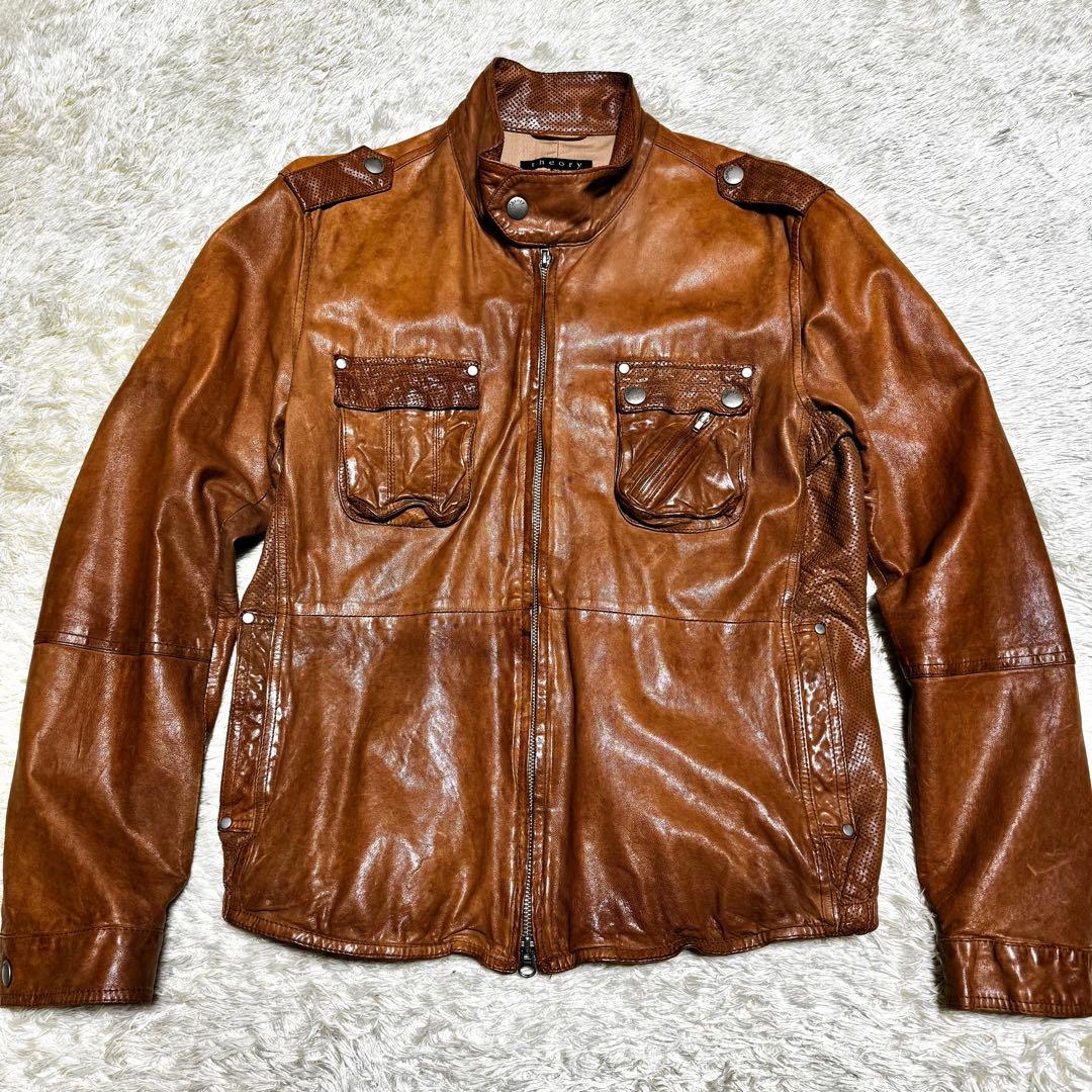セオリー　レザージャケット　シングルライダース　パンチング　ダブルジップ　M相当