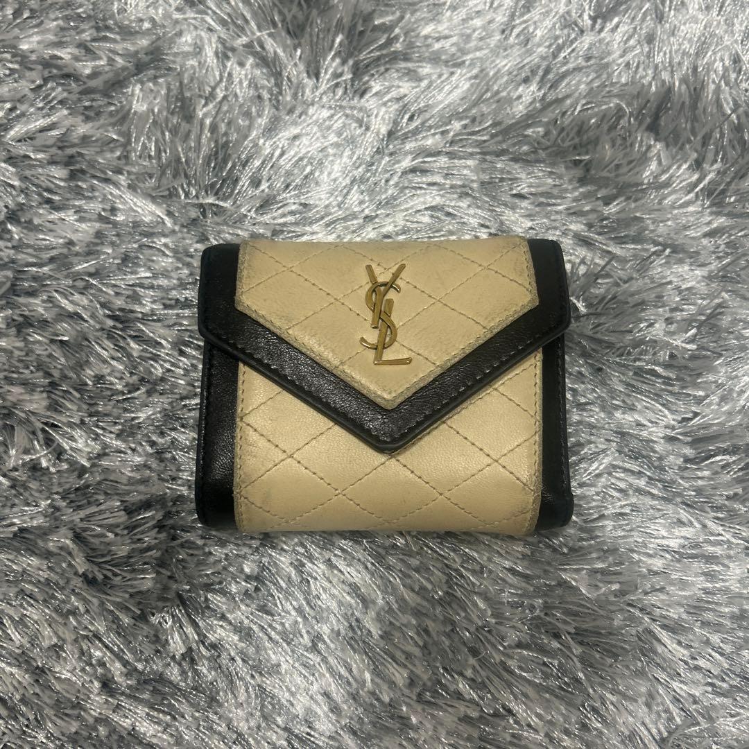 YSL 三つ折り財布 ベージュ×ブラック