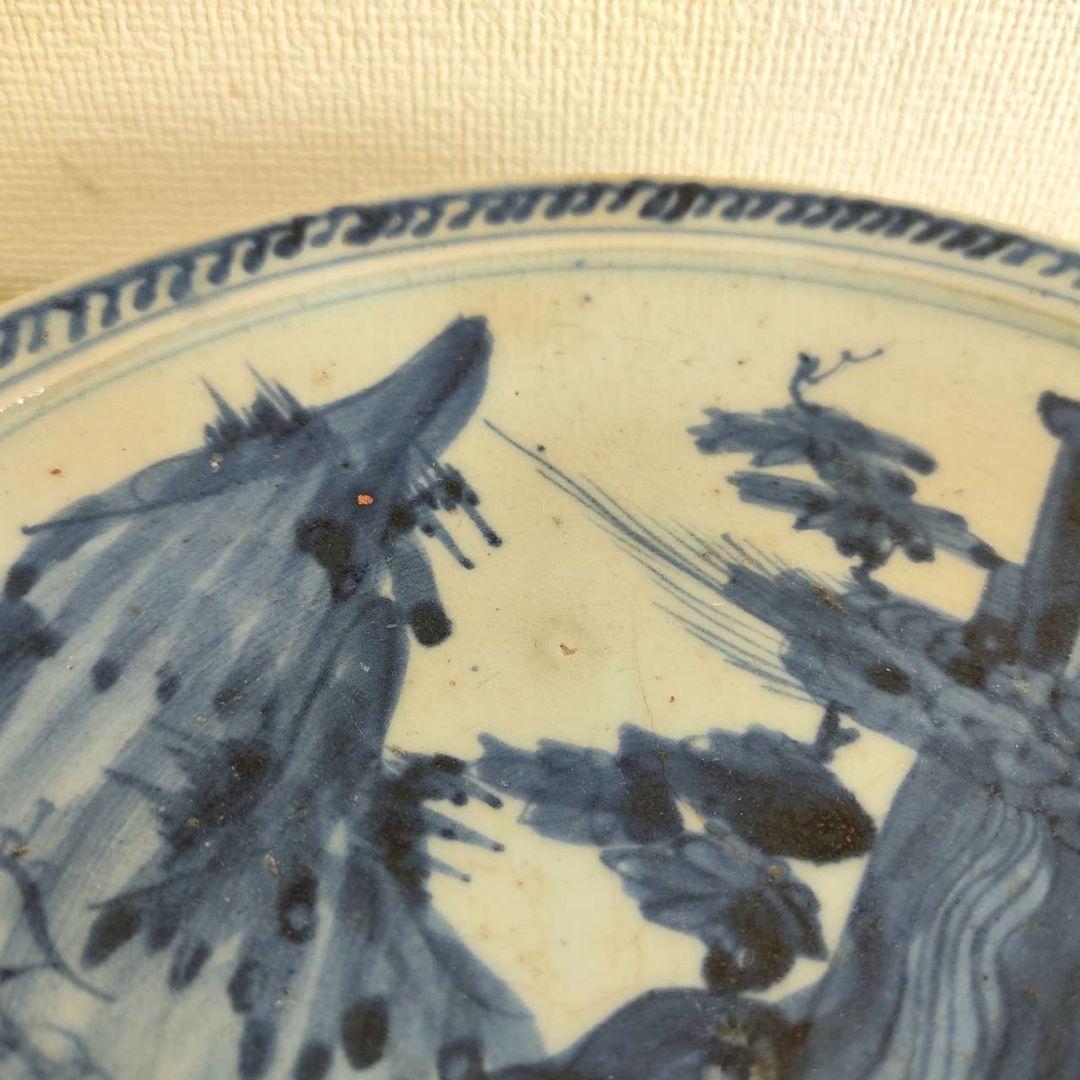 お値下げしました、初期伊万里　染付　蓬莱山　楼閣山水　滝文皿　箱付