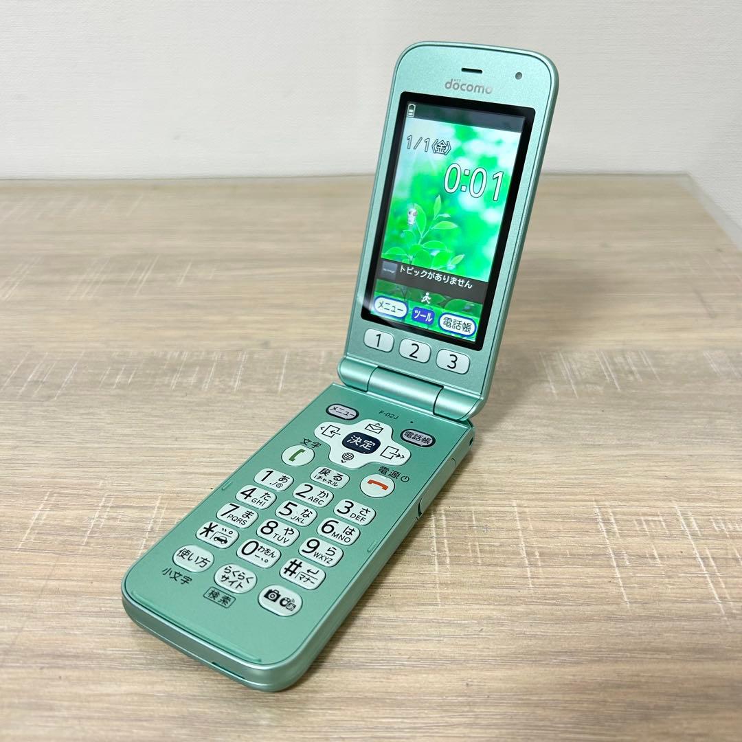 FUJITSU らくらくホン F-02J ミントグリーン 取説/ガイド/充電器付