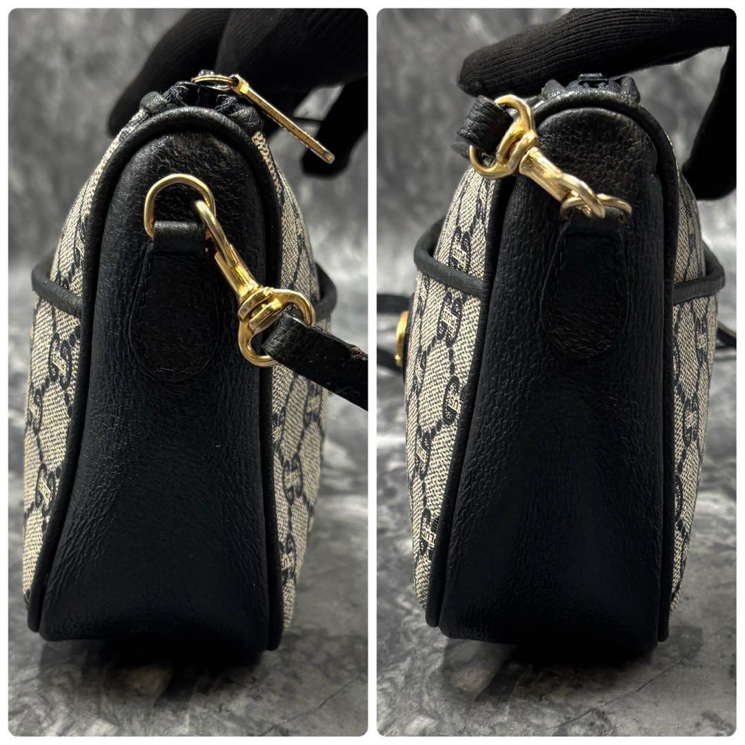 ✨美品✨GUCCI GG ショルダーバッグ ネイビー ベージュ ロゴ レザー金具