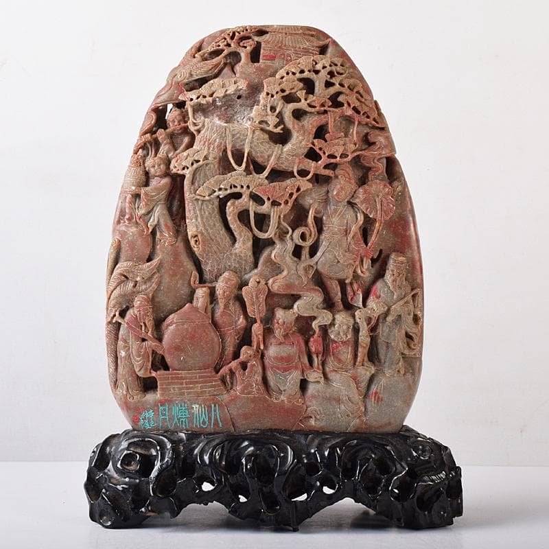 中国　玉石彫刻　鶏血石　山水人物刻　床飾　置物　唐木台付　F　R7719B