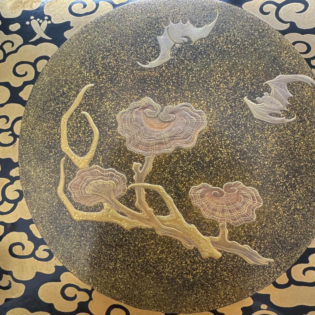 江戸中・後期 重金蒔絵 雲文霊芝様 献菓台 共箱 天然木 漆芸 　縁起
