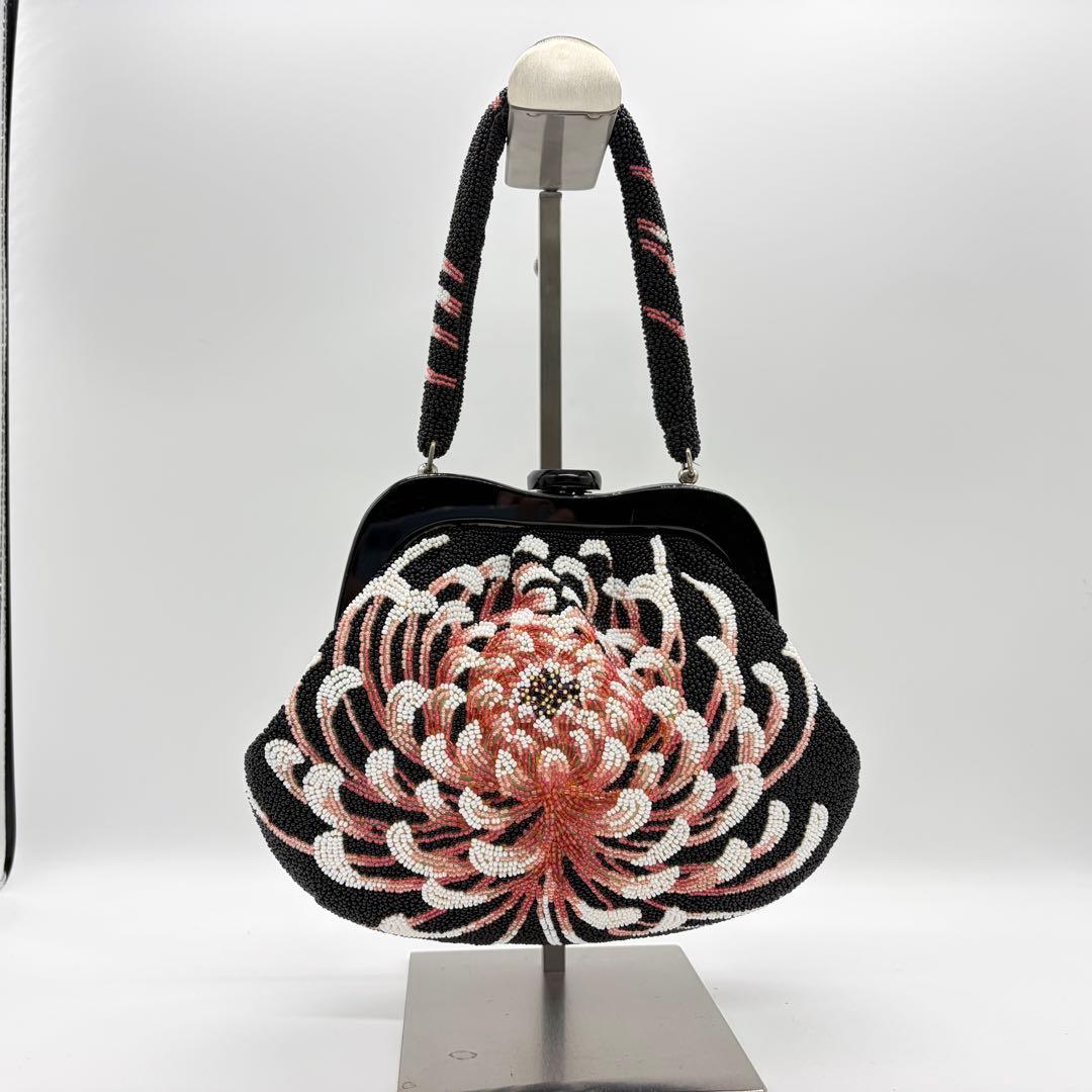 1570 総ビーズ ハンドバッグ 乱菊 黒地 昭和レトロ 和装小物 成人式