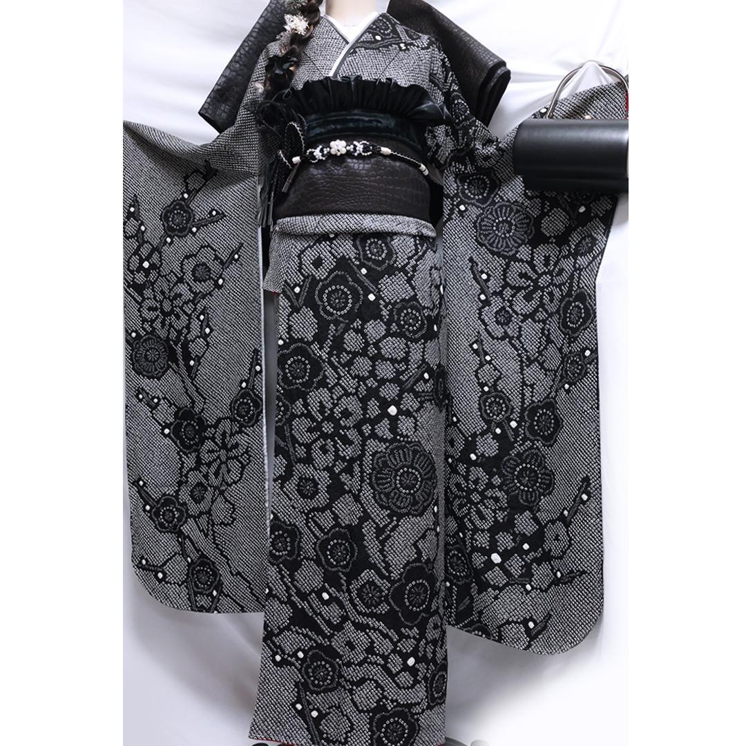 【極美品！】新古品◆ 振袖6点セット ◆総絞り丈160cmフルセット黒44Sb
