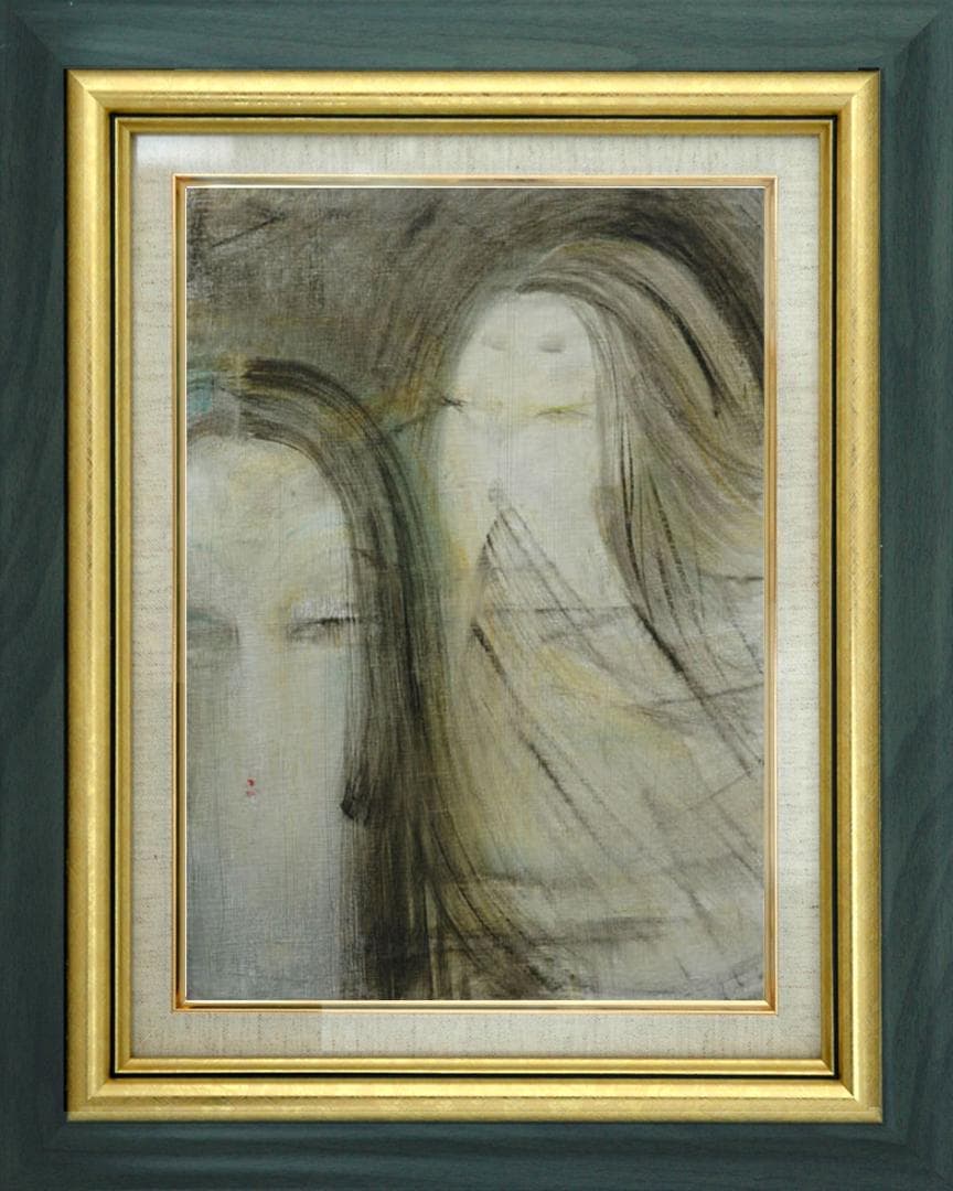 油絵 絵 絵画インテリア 額付(青緑＋金色の枠) F6-050413 人物女性像