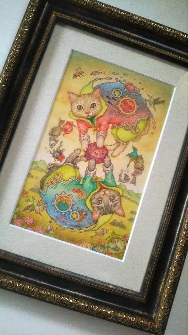 【原画】『運命のダイス』猫　絵画　パステル画　アンティーク　ミステリアス