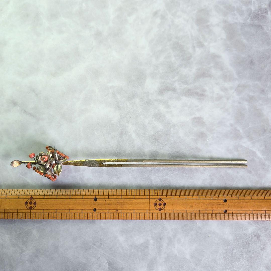 アンティーク　金工　珊瑚　簪　銀かんざし　鼓　G8　着物　明治　骨董　髪飾り