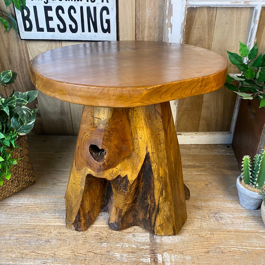 新商品入荷オールドチーク天然無垢丸太花台L（50㎝×48㎝）サイドテーブル飾り台