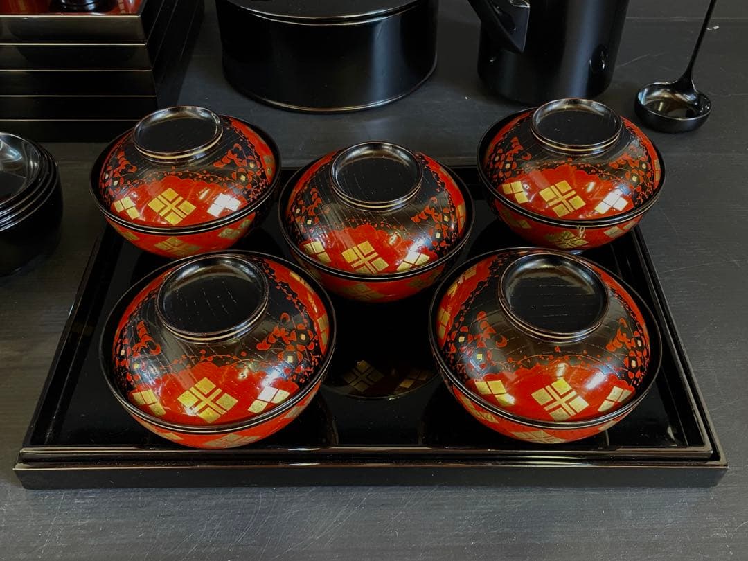 「母」 利休好 輪島塗 懐石具揃 懐石家具 懐石道具 五人前 木製（109あ③）