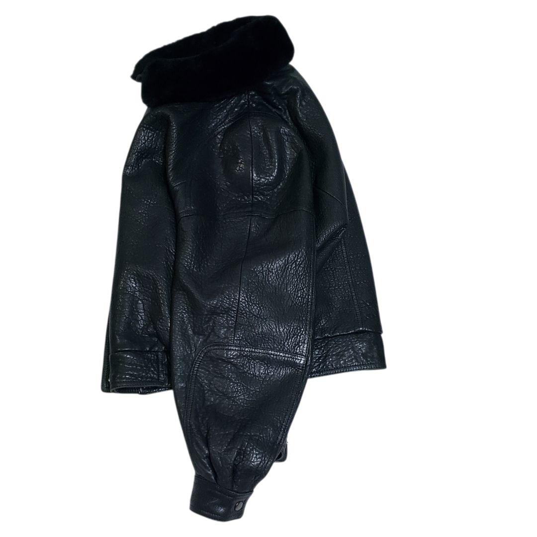 羊シボ革　短丈　A-2 G-1モチーフ　シングルライダース黒　襟ボア取外可　LL