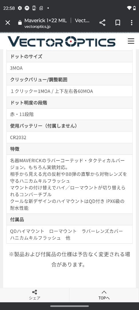 Vectoroptics　Maverick 1×22 MIL　ハイマウント付