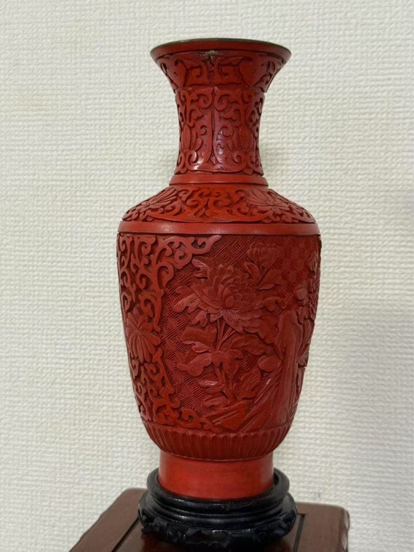 堆朱漆彫り花瓶 中国美術 彫刻 花瓶彫漆 花瓶（花の彫刻） 年代物 美品 　箱付