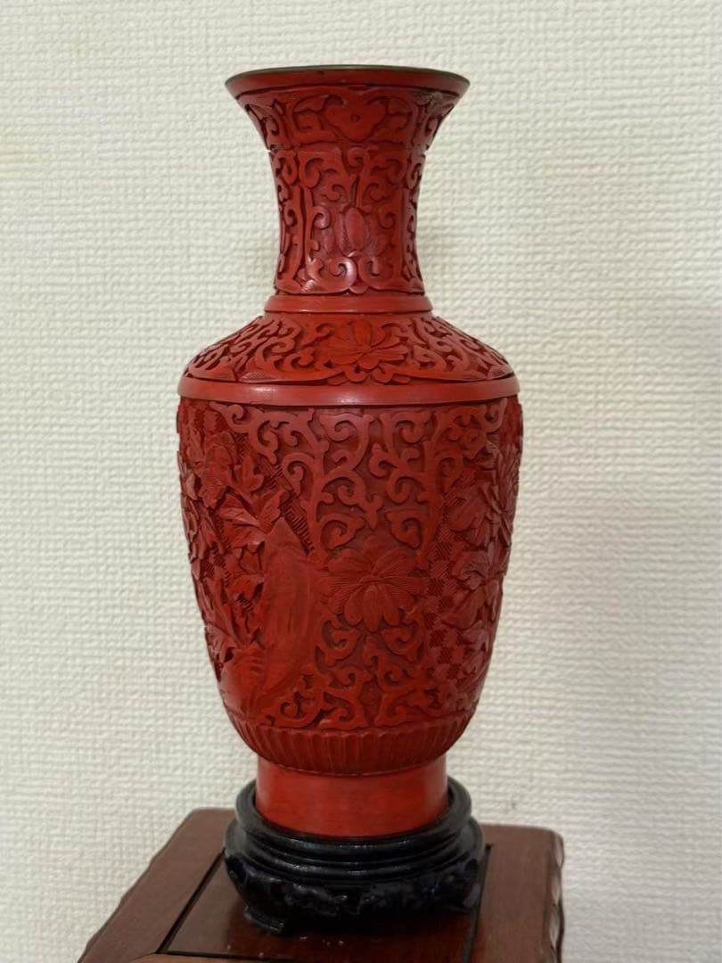 堆朱漆彫り花瓶 中国美術 彫刻 花瓶彫漆 花瓶（花の彫刻） 年代物 美品 　箱付