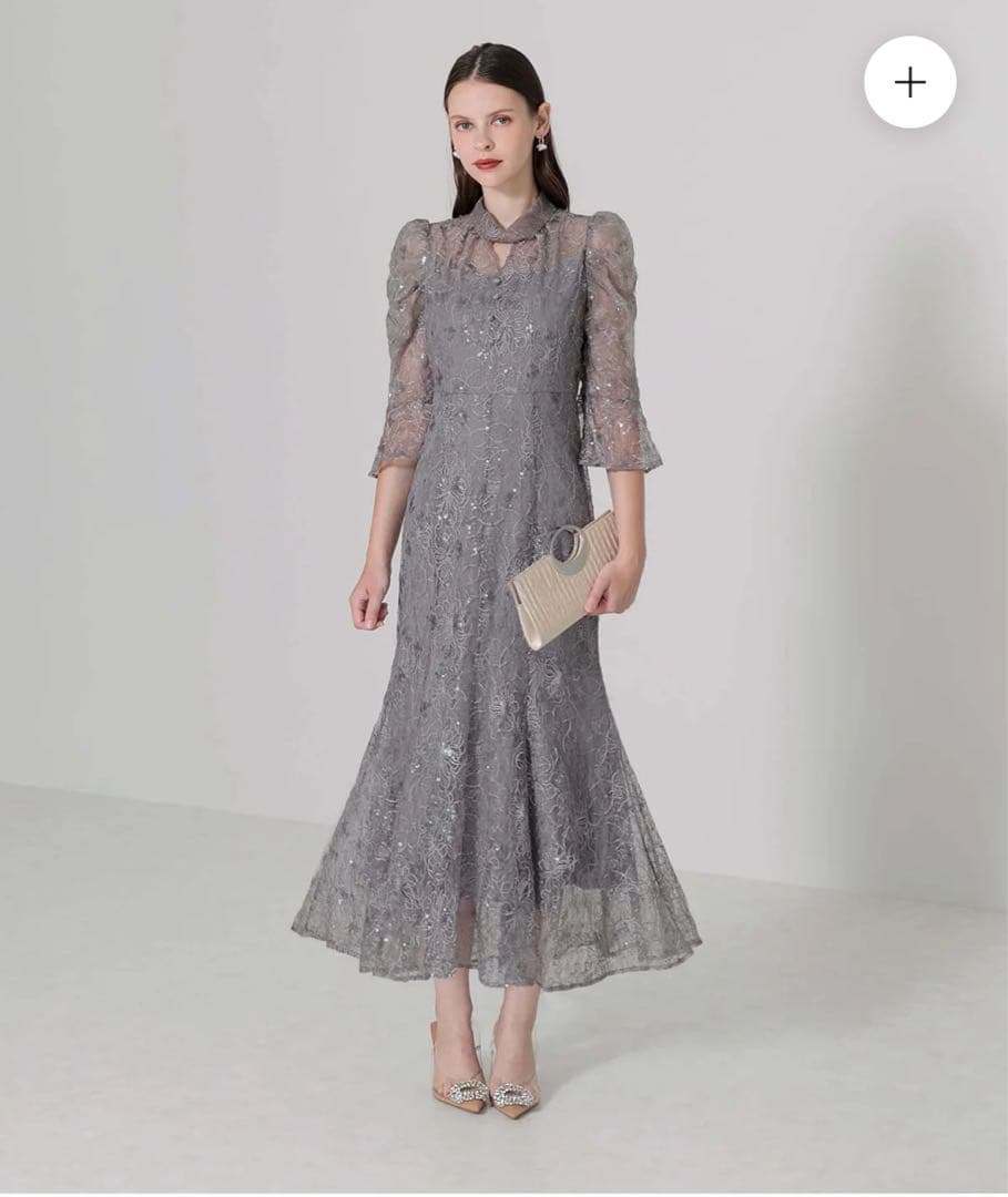 【Leja】スパンコール花柄刺繍ソフトパフスリーブドレスワンピース