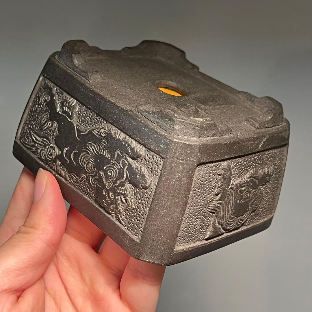 823.石心 灰泥彫刻唐獅子切角長方 盆栽鉢 植木鉢 10.7*9*5.5cm