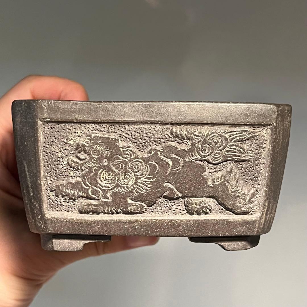 823.石心 灰泥彫刻唐獅子切角長方 盆栽鉢 植木鉢 10.7*9*5.5cm