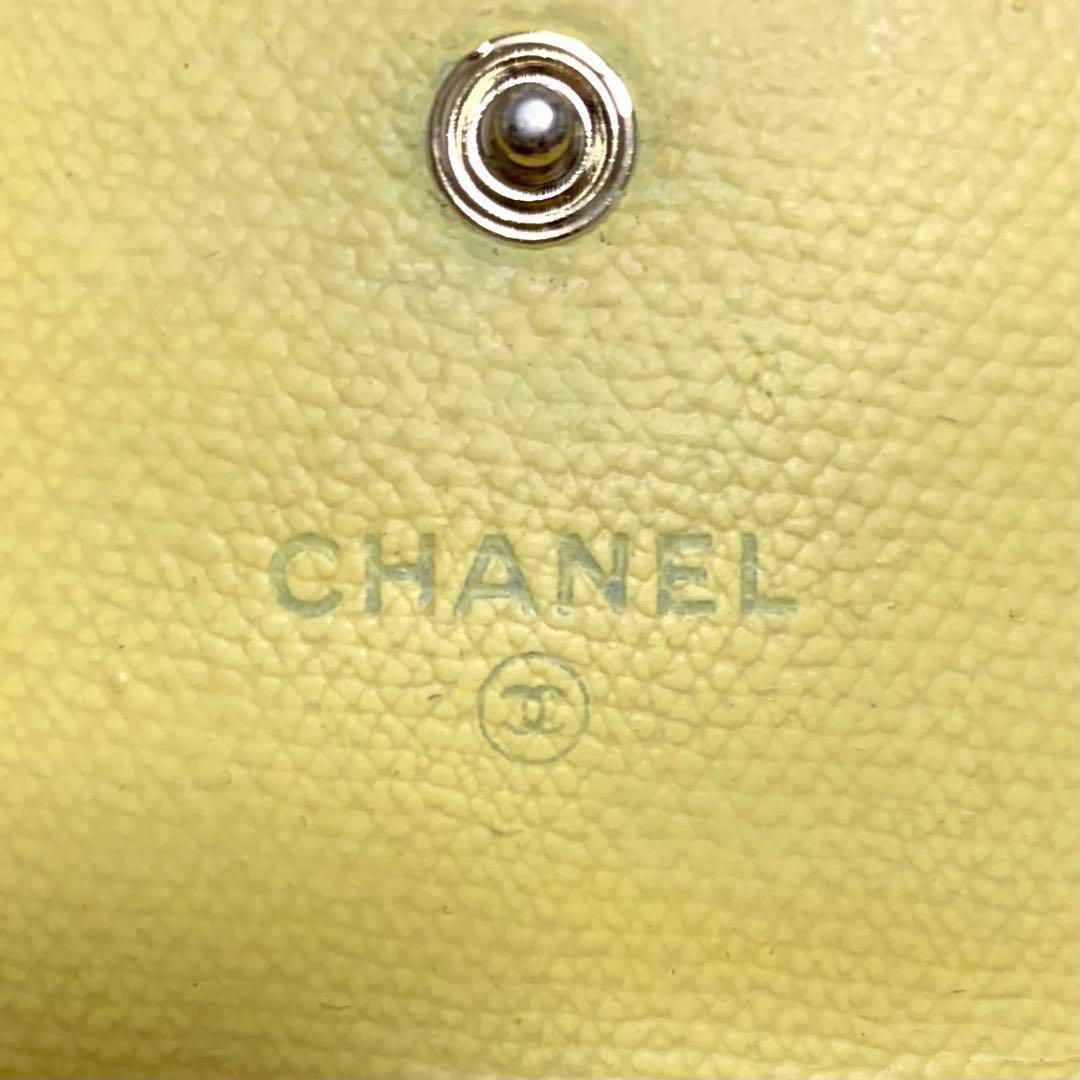 シャネル　3つ折り財布　wホック　ココマーク　レモンイエロー