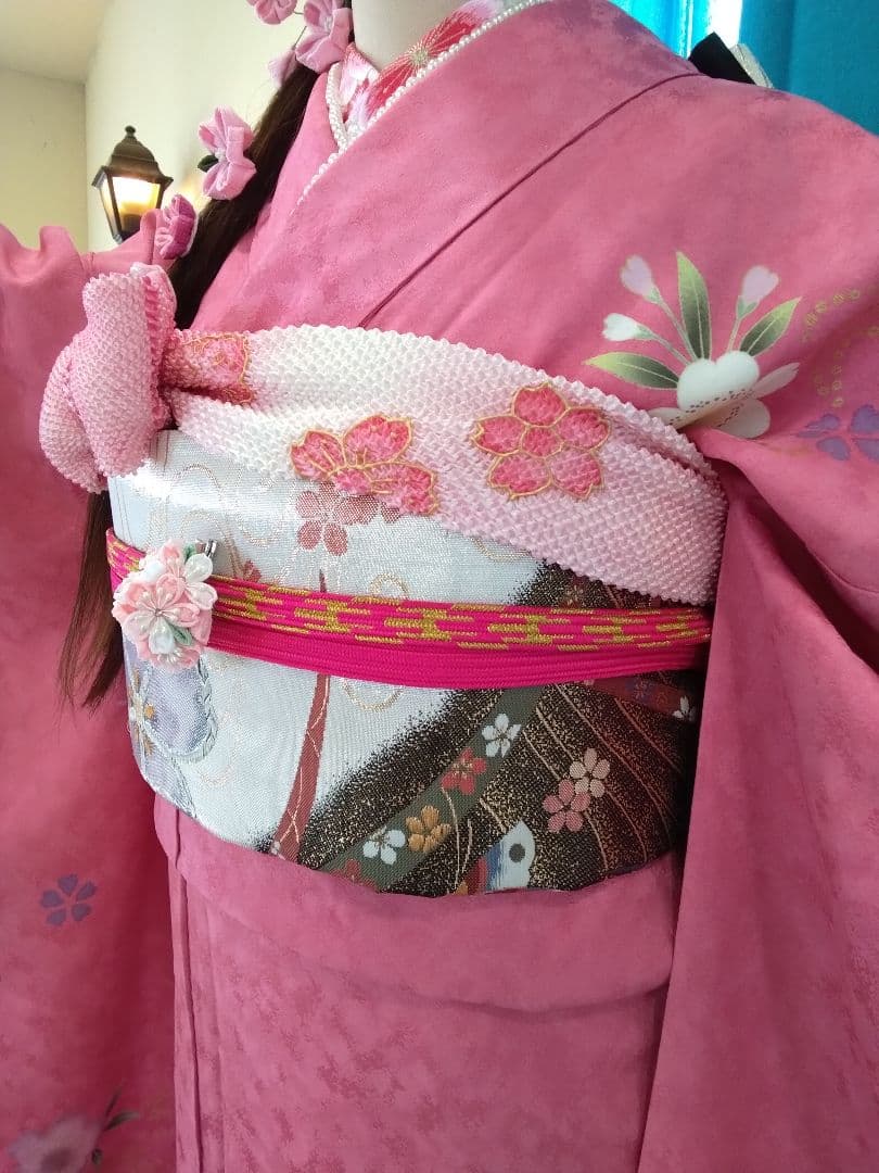 超得】振袖フルセット、正絹振袖成人式、半襟重ね衿、帯揚げ帯締め、西陣袋帯、襦袢