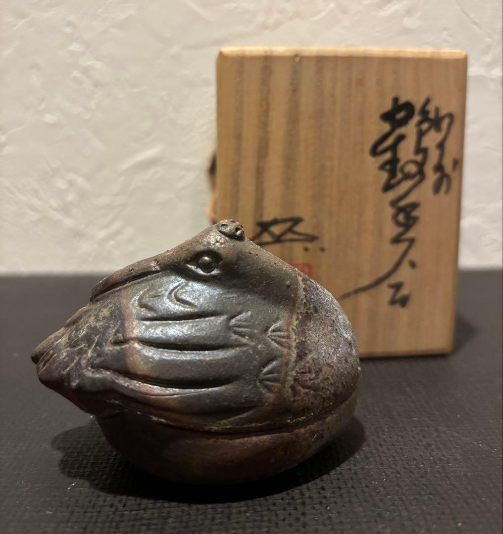 備前焼名工　浦上善次作品　鶴の香合　共箱付き