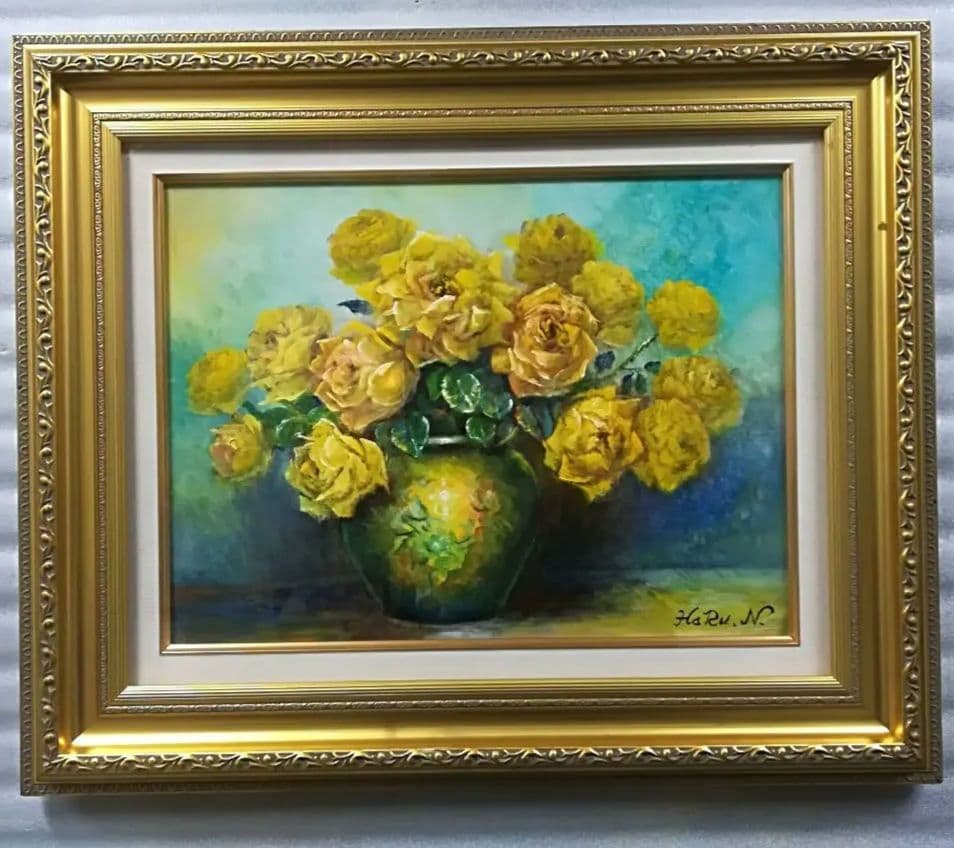 絵画 油彩 画家 haru 花 バラ 薔薇 花瓶 真作 原画 一点物。