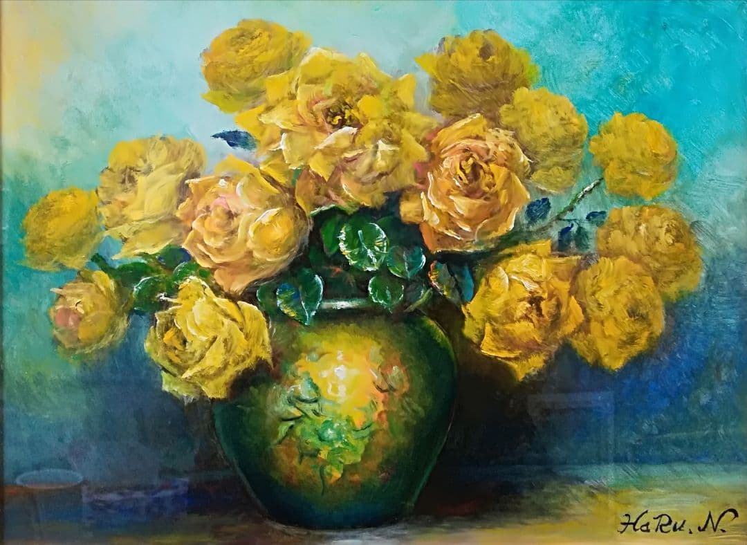 絵画 油彩 画家 haru 花 バラ 薔薇 花瓶 真作 原画 一点物。