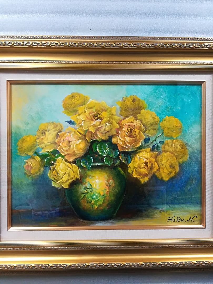 絵画 油彩 画家 haru 花 バラ 薔薇 花瓶 真作 原画 一点物。