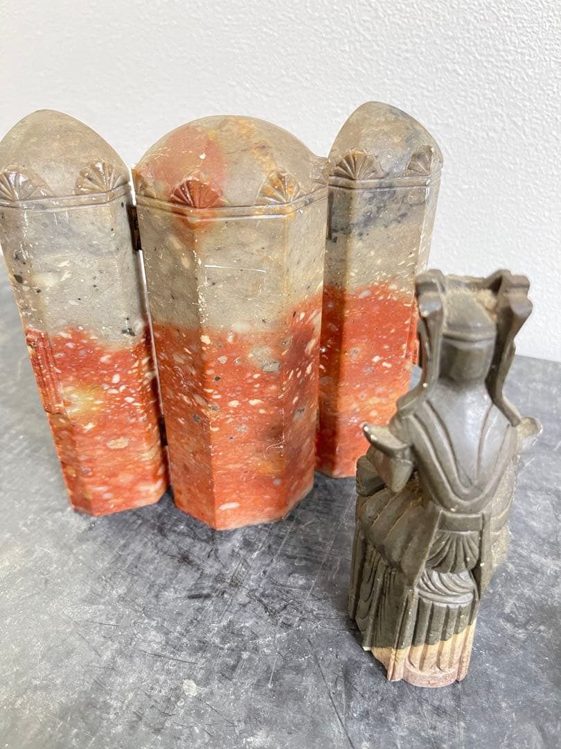 石製彫刻 三つ折り背景付き仏像　仏教　古美術